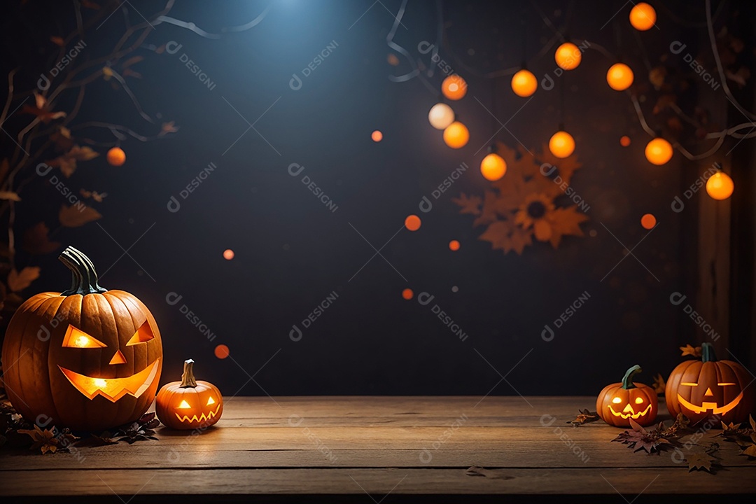 Abóbora brilhante de halloween mesa de madeira vazia