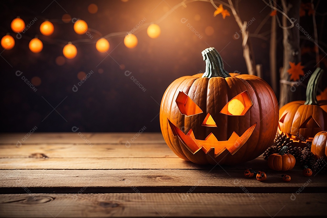 Abóbora brilhante de halloween mesa de madeira vazia