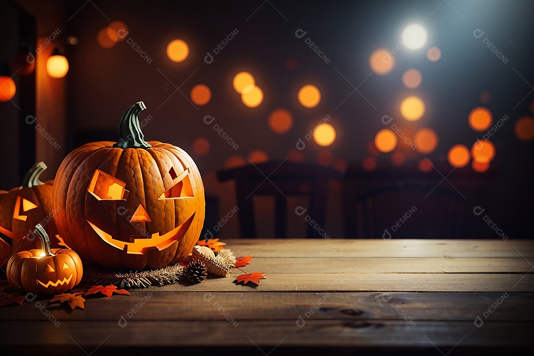 Abóbora brilhante de halloween mesa de madeira vazia