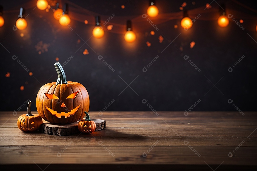 Abóbora brilhante de halloween mesa de madeira vazia