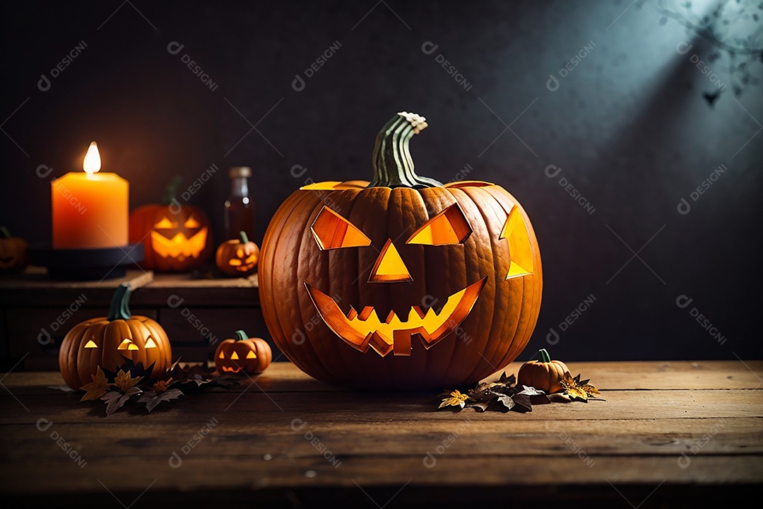 Abóbora brilhante de halloween mesa de madeira vazia