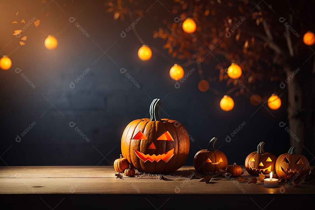 Abóbora brilhante de halloween mesa de madeira vazia