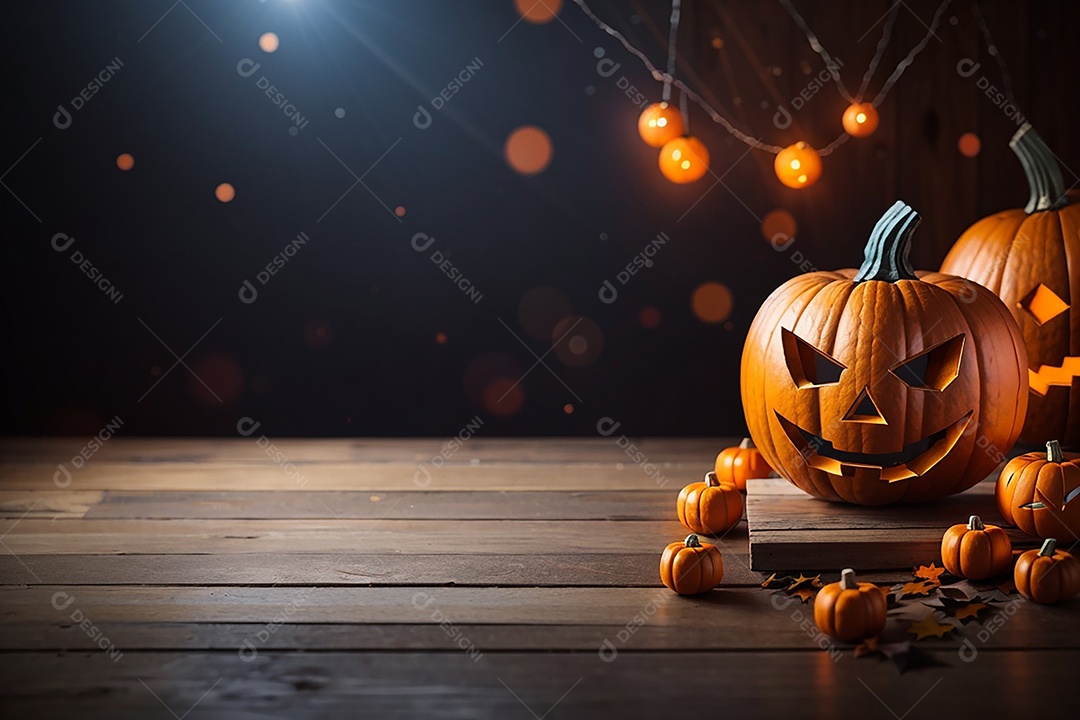 Abóbora brilhante de halloween mesa de madeira vazia