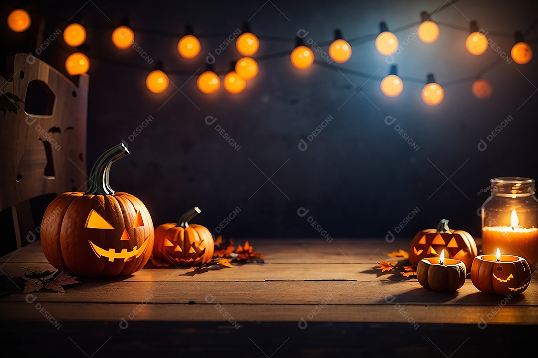 Abóbora brilhante de halloween mesa de madeira vazia