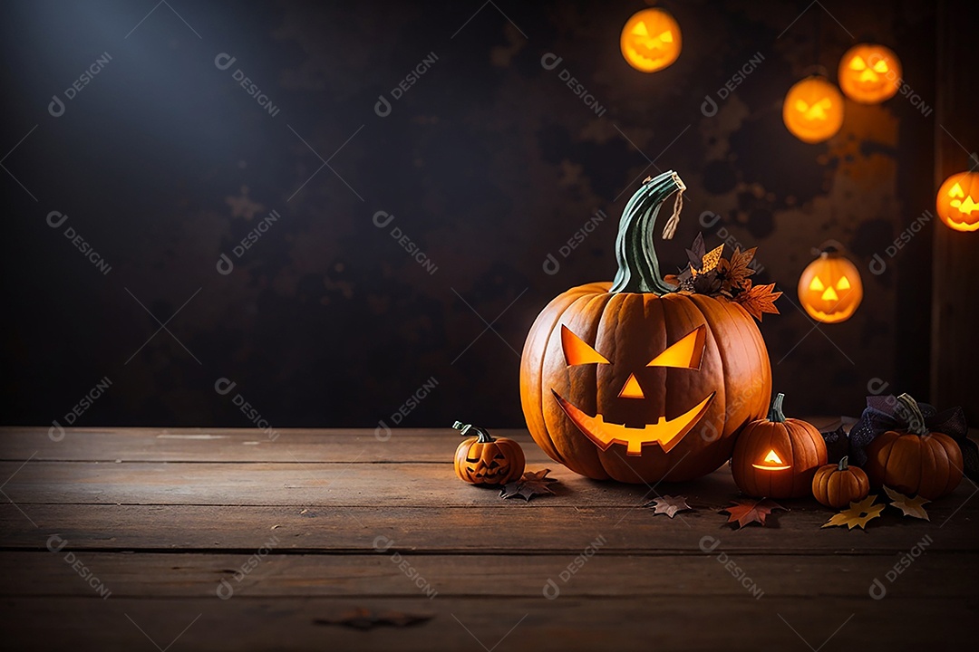 Abóbora brilhante de halloween mesa de madeira vazia