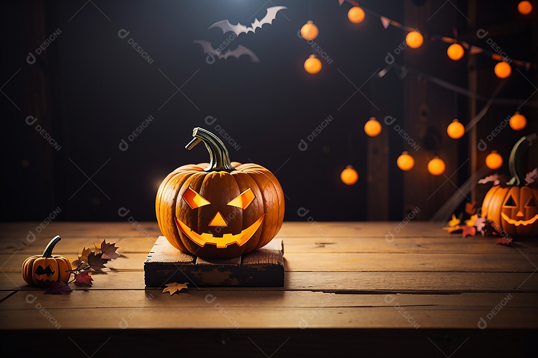 Abóbora brilhante de halloween mesa de madeira vazia