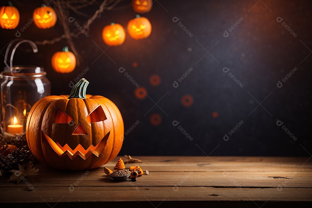 Abóbora brilhante de halloween mesa de madeira vazia