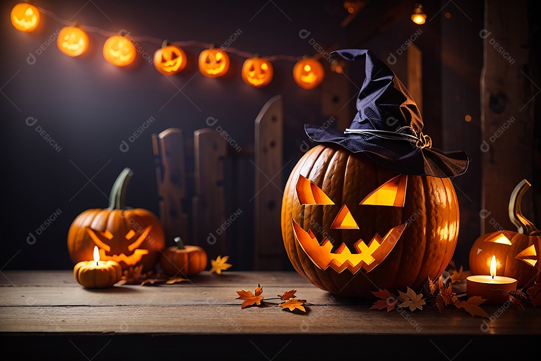 Abóbora brilhante de halloween mesa de madeira vazia