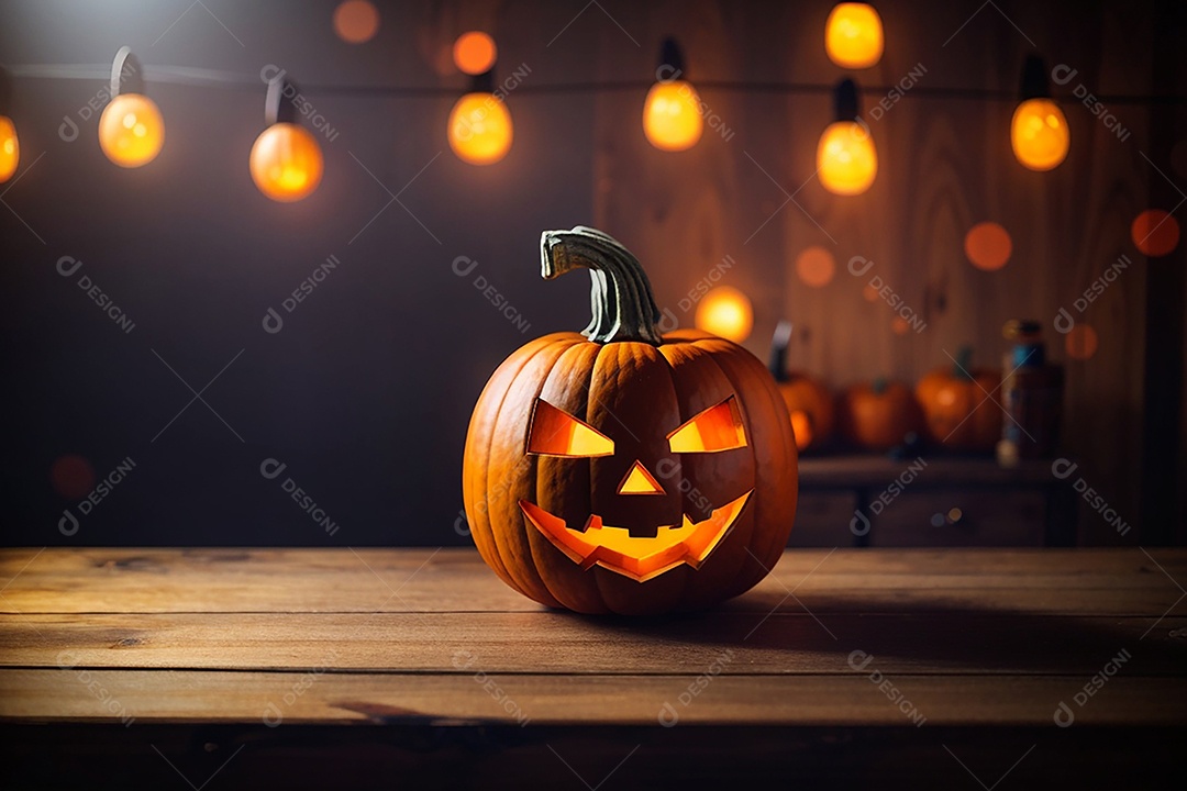 Abóbora brilhante de halloween mesa de madeira vazia