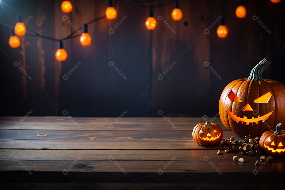 Abóbora brilhante de halloween mesa de madeira vazia