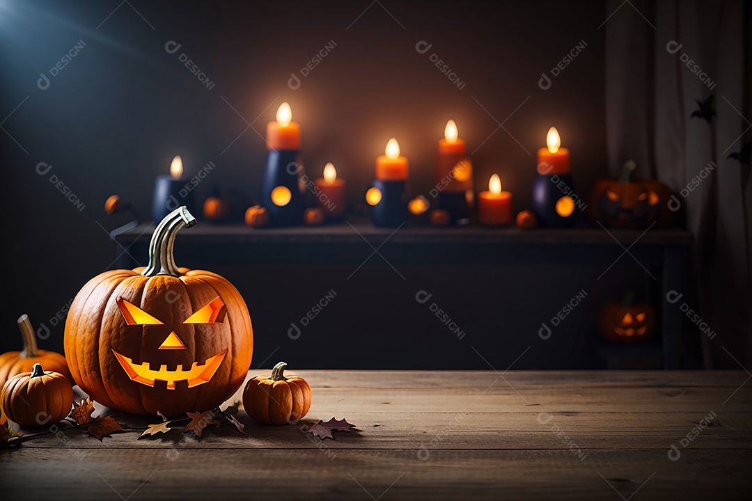 Abóbora brilhante de halloween mesa de madeira vazia