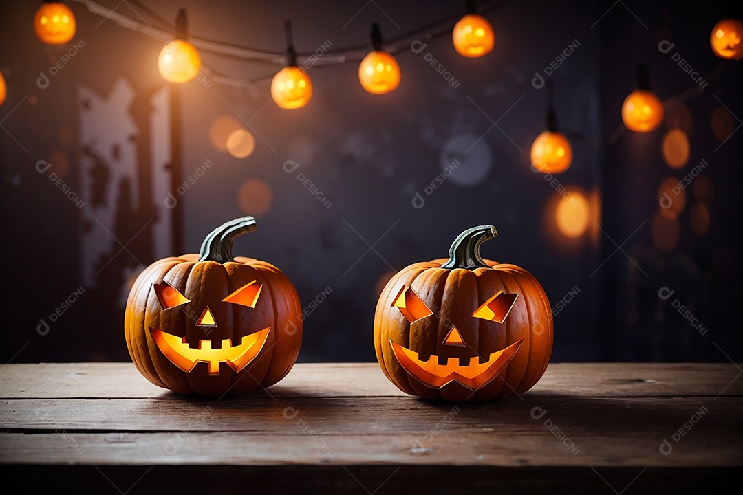 Abóbora brilhante de halloween mesa de madeira vazia