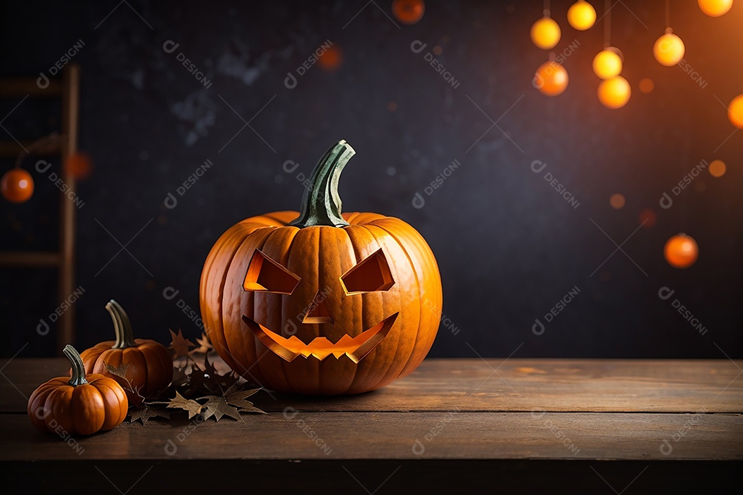 Abóbora brilhante de halloween mesa de madeira vazia