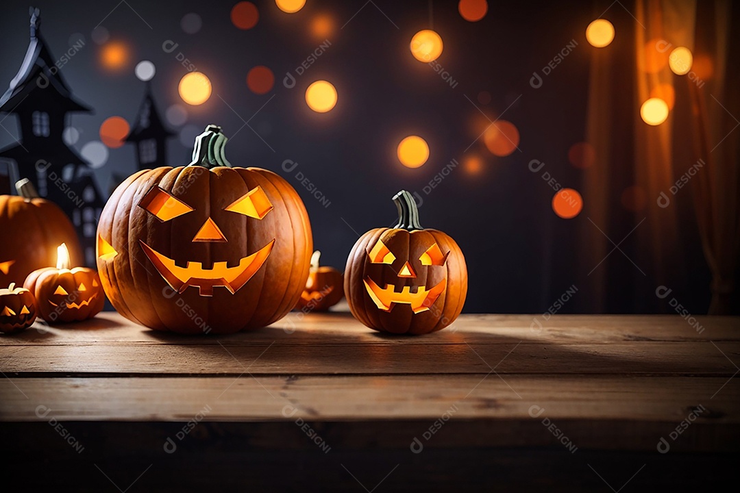 Abóbora brilhante de halloween mesa de madeira vazia