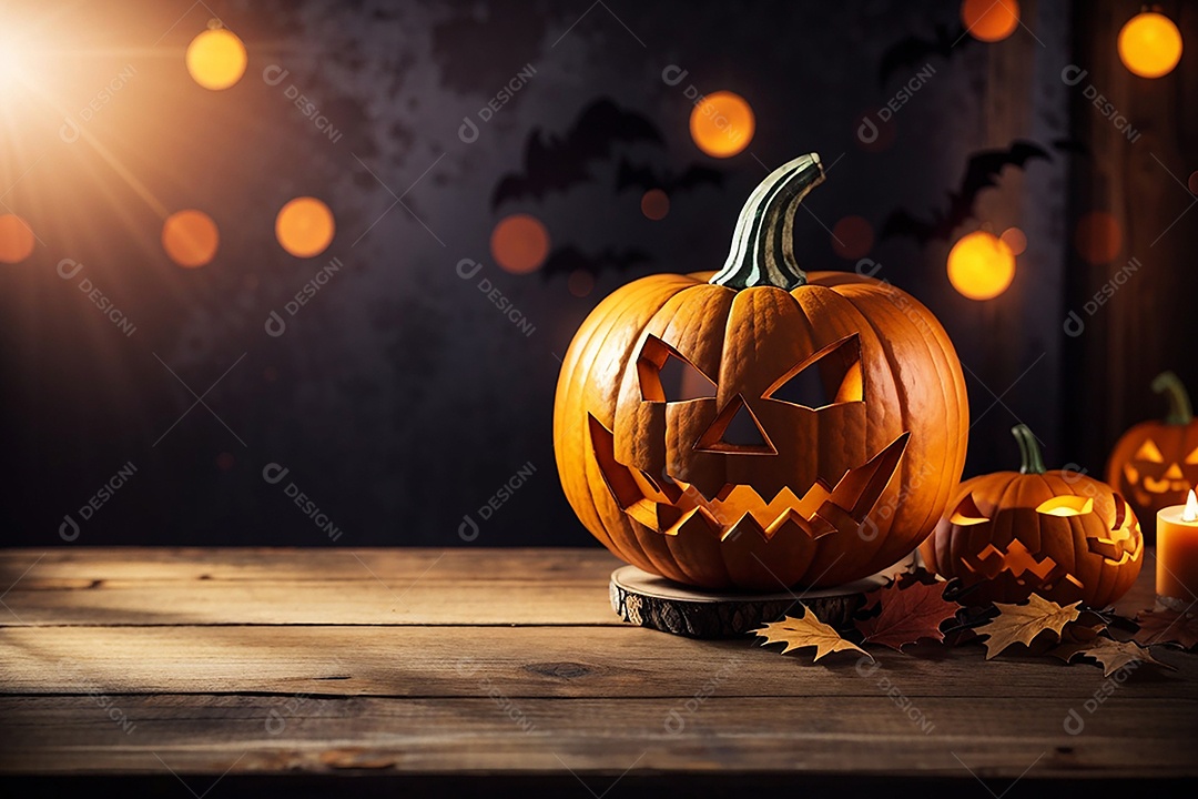 Abóbora brilhante de halloween mesa de madeira vazia