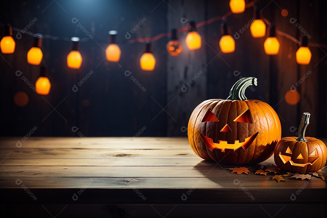 Abóbora brilhante de halloween mesa de madeira vazia