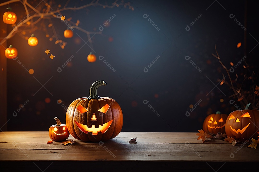 Abóbora brilhante de halloween mesa de madeira vazia