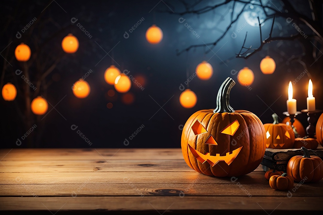 Abóbora brilhante de halloween mesa de madeira vazia
