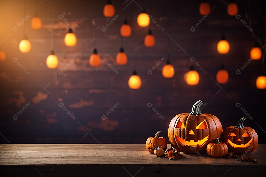 Abóbora brilhante de halloween mesa de madeira vazia