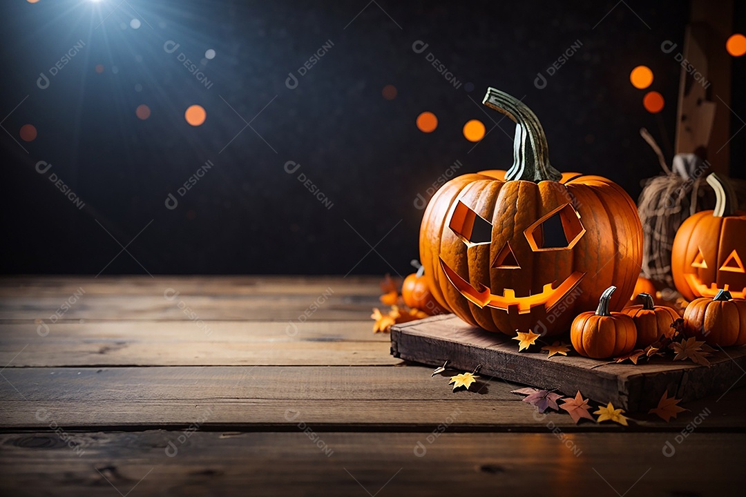 Abóbora brilhante de halloween mesa de madeira vazia