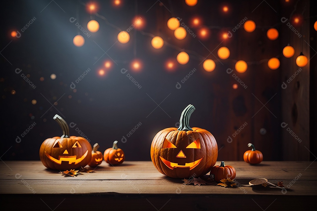 Abóbora brilhante de halloween mesa de madeira vazia