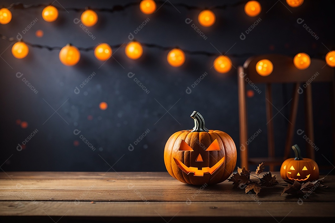 Abóbora brilhante de halloween mesa de madeira vazia