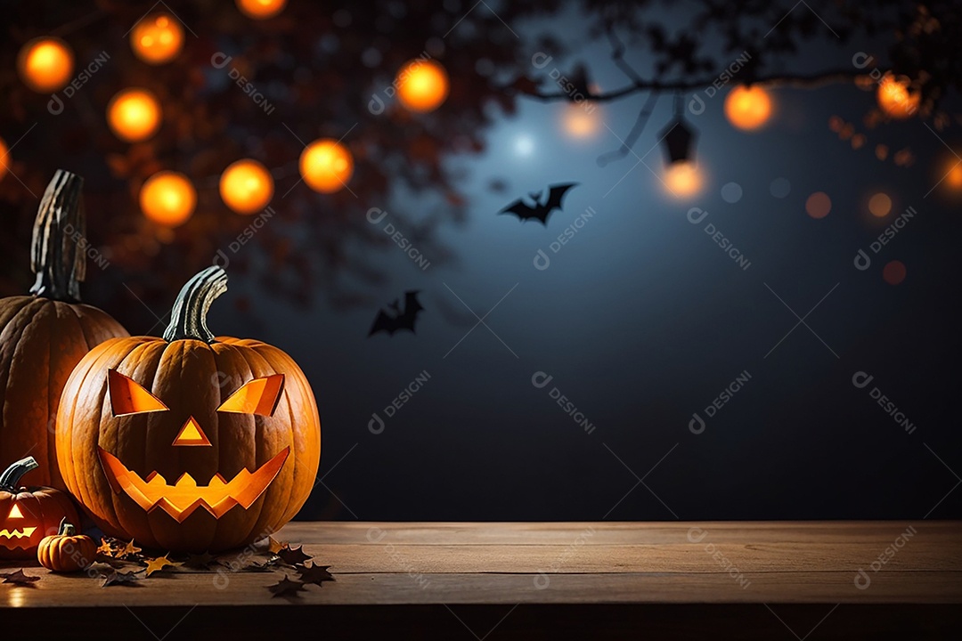 Abóbora brilhante de halloween mesa de madeira vazia