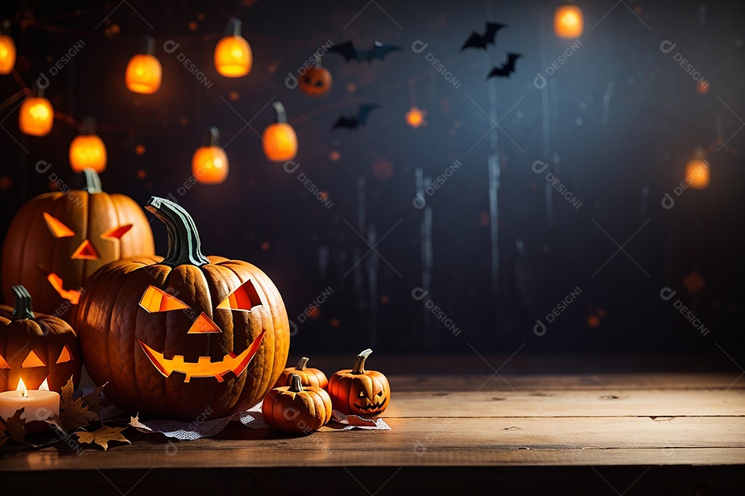 Abóbora brilhante de halloween mesa de madeira vazia