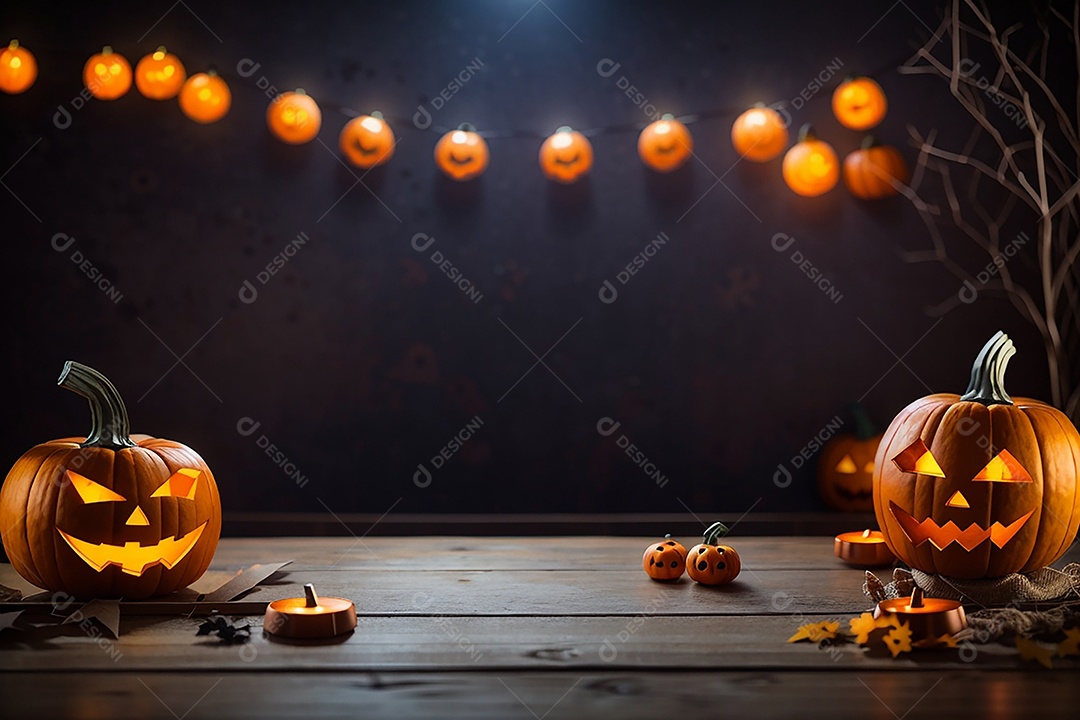 Abóbora brilhante de halloween mesa de madeira vazia