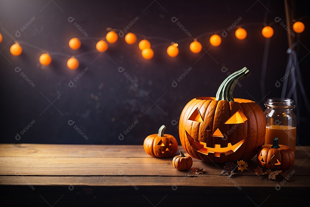 Abóbora brilhante de halloween mesa de madeira vazia