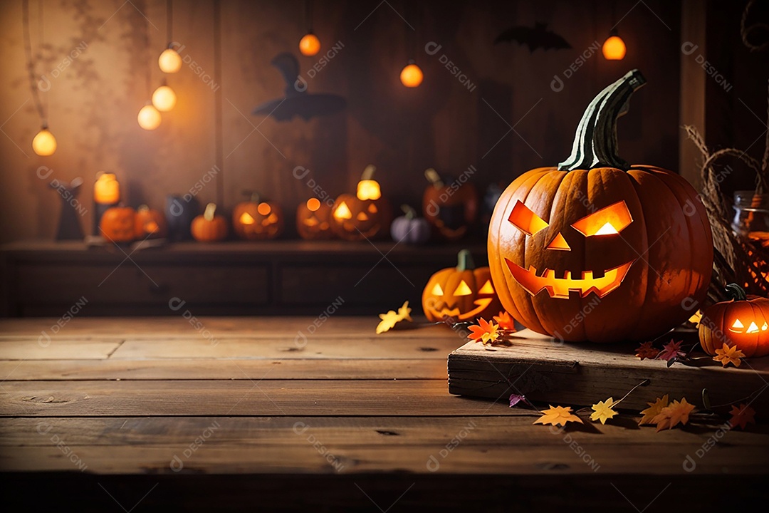 Abóbora brilhante de halloween mesa de madeira vazia