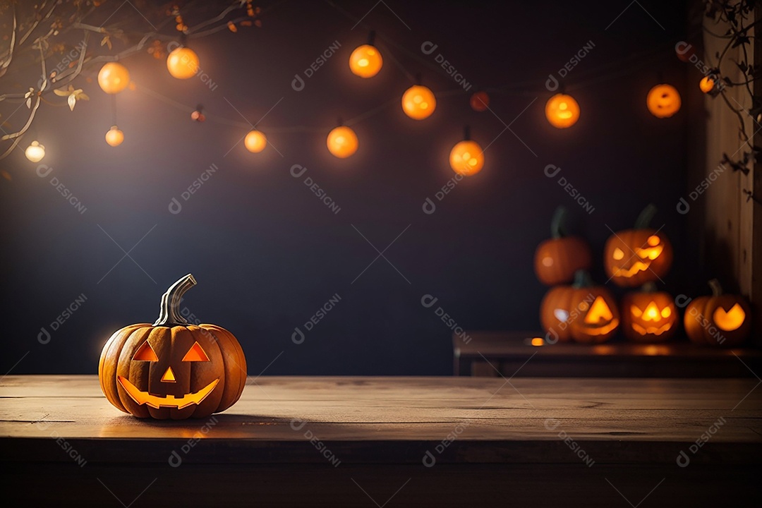 Abóbora brilhante de halloween mesa de madeira vazia