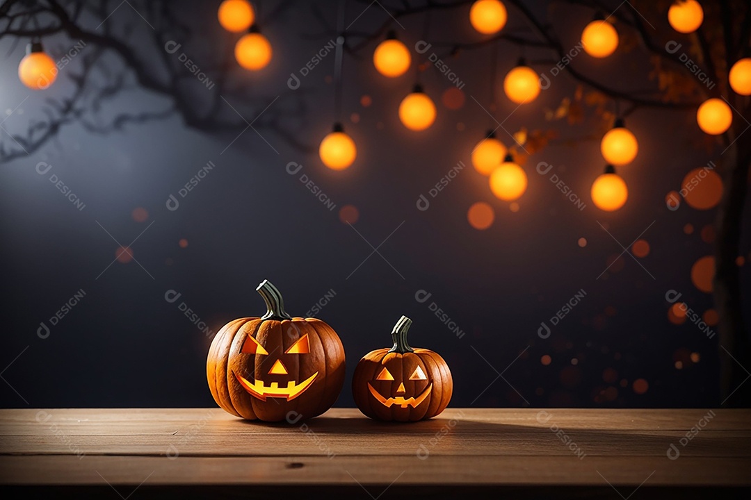 Abóbora brilhante de halloween mesa de madeira vazia