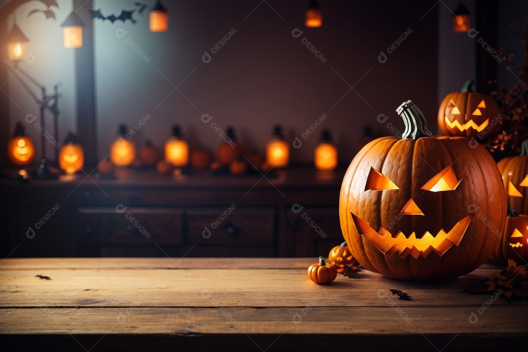 Abóbora brilhante de halloween mesa de madeira vazia