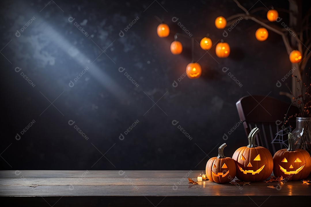 Abóbora brilhante de halloween mesa de madeira vazia