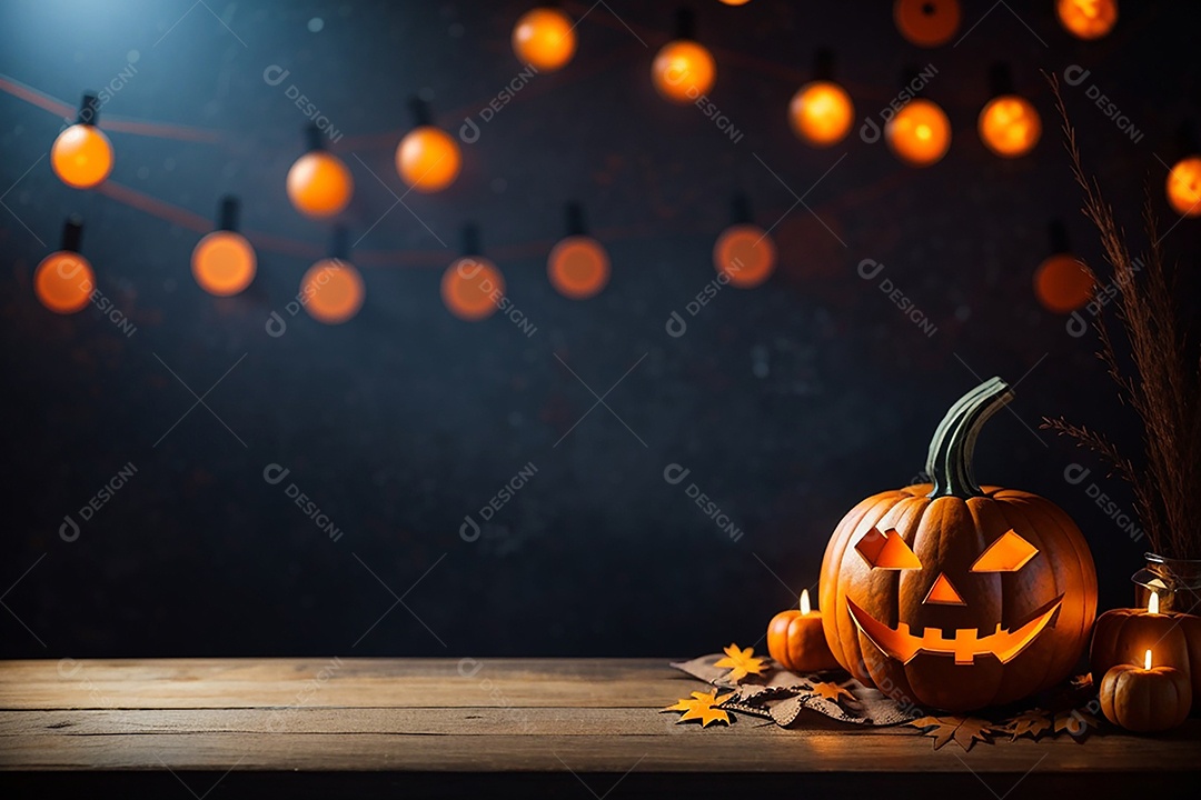 Abóbora brilhante de halloween mesa de madeira vazia