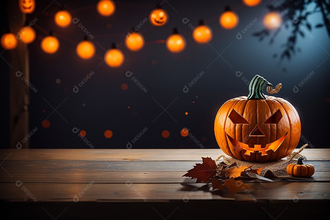 Abóbora brilhante de halloween mesa de madeira vazia