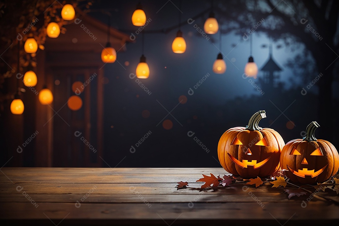 Abóbora brilhante de halloween mesa de madeira vazia