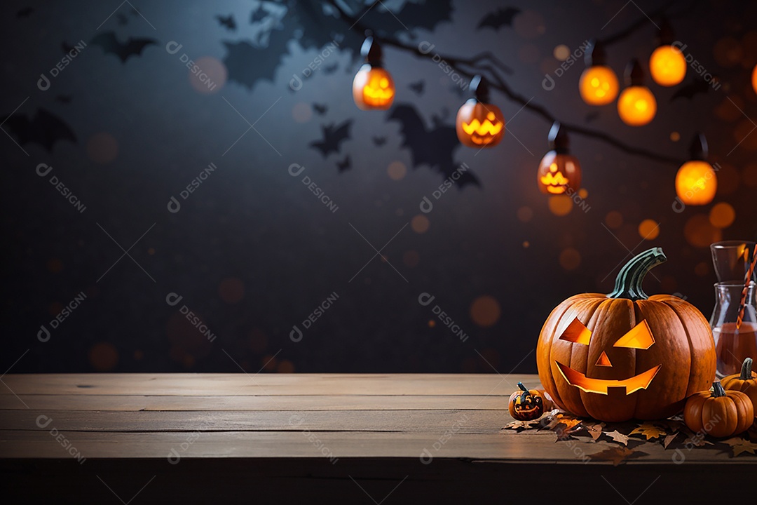Abóbora brilhante de halloween mesa de madeira vazia