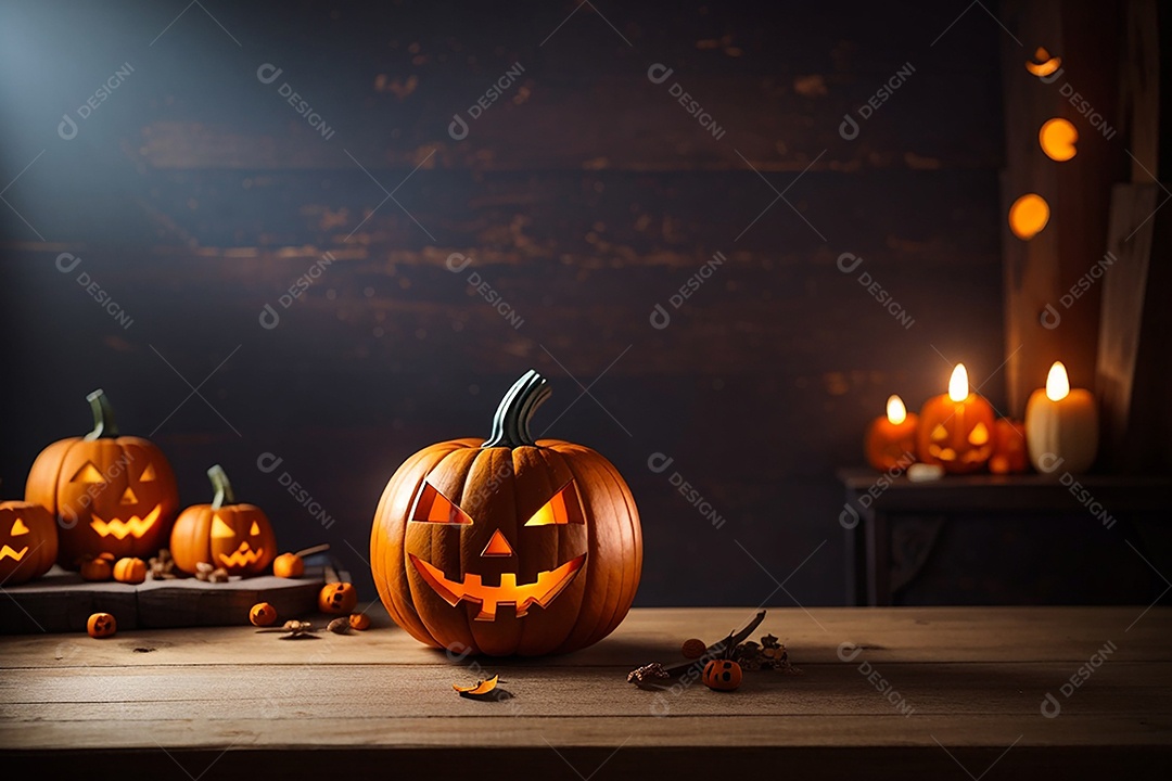 Abóbora brilhante de halloween mesa de madeira vazia