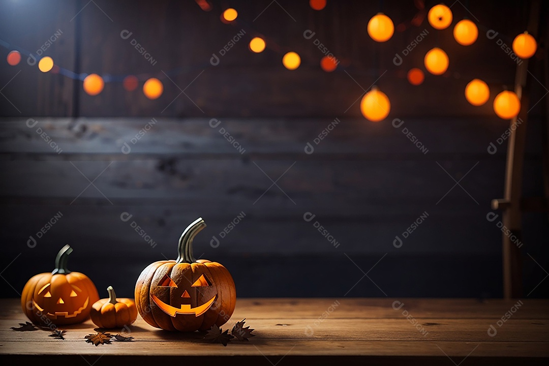 Abóbora brilhante de halloween mesa de madeira vazia