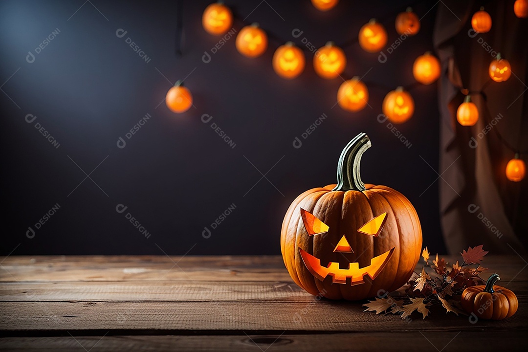 Abóbora brilhante de halloween mesa de madeira vazia