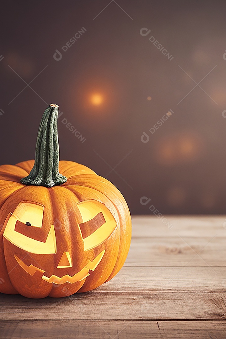 Abóbora brilhante de halloween mesa de madeira vazia