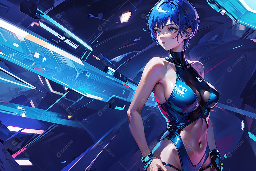 Anime pastel Sonho Cyberpunk menina adulto modelo cabelo curto olho