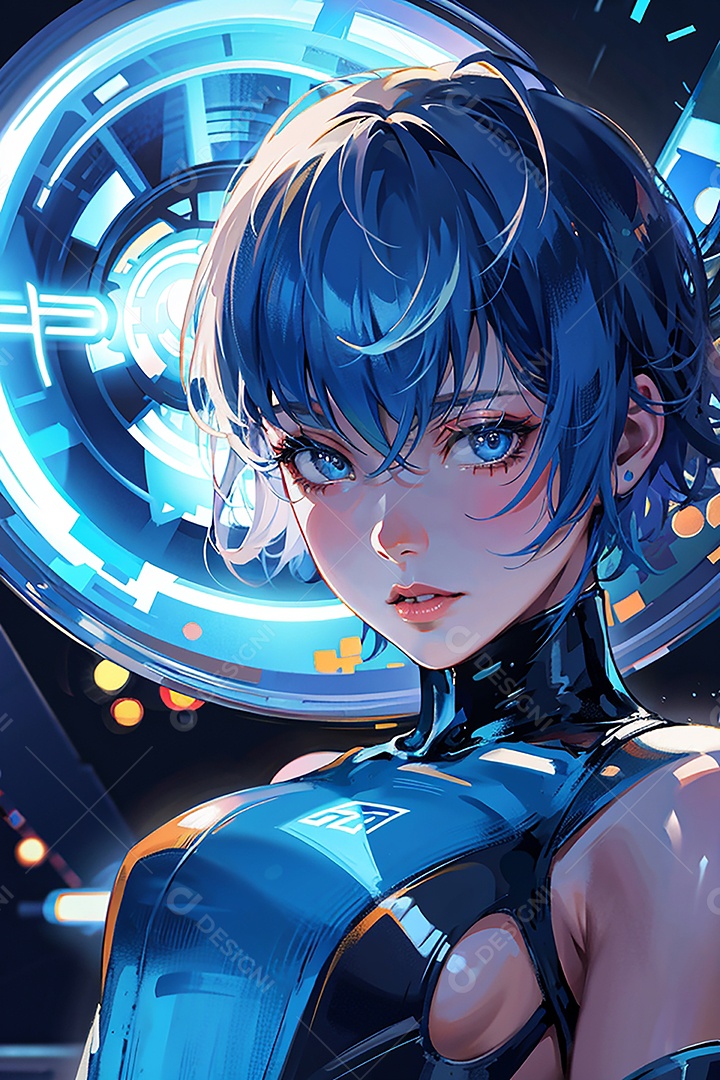 Anime pastel Sonho Cyberpunk menina adulto modelo cabelo curto olho