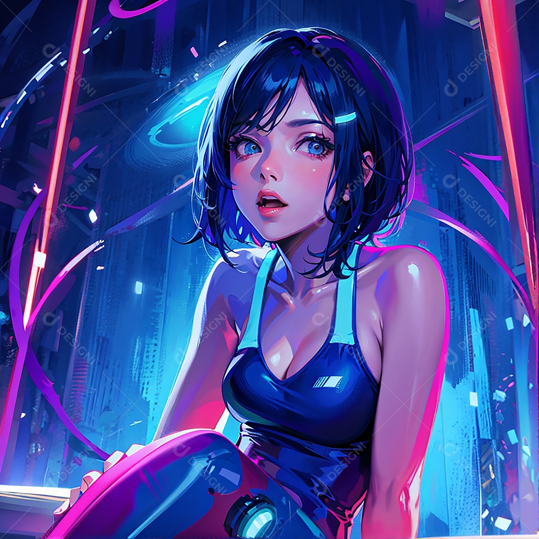 Anime pastel Sonho Cyberpunk menina adulto modelo cabelo curto olho