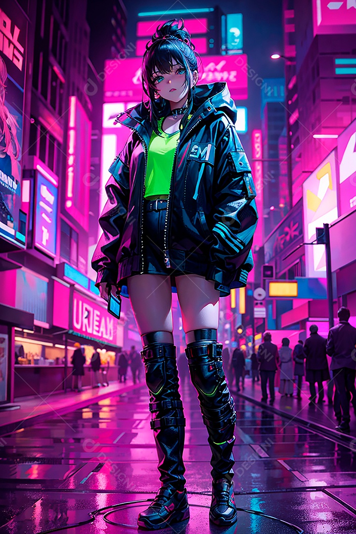 Anime pastel Sonho Cyberpunk menina adulto modelo cabelo curto olho