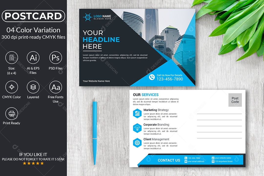 Modelo de Cartão Postal Empresarial PSD + AI Editável