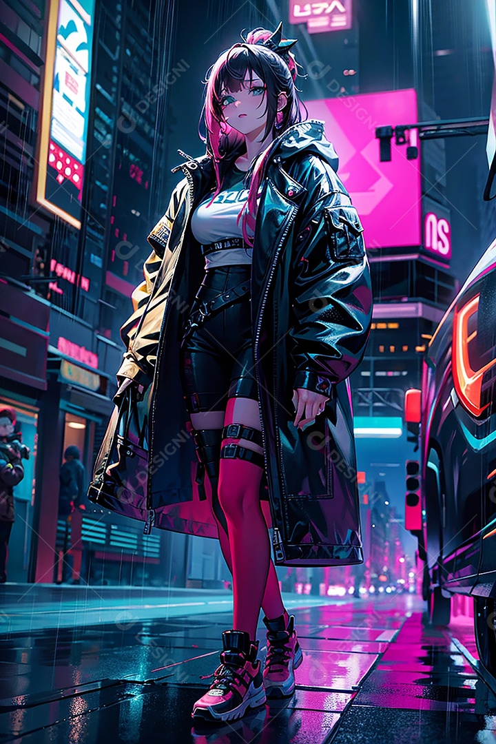 Anime pastel Sonho Cyberpunk menina adulto modelo cabelo curto olho