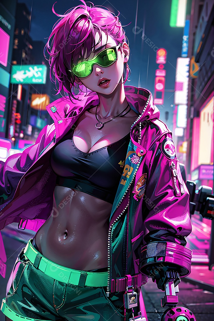 Anime pastel Sonho Cyberpunk menina adulto modelo cabelo curto olho